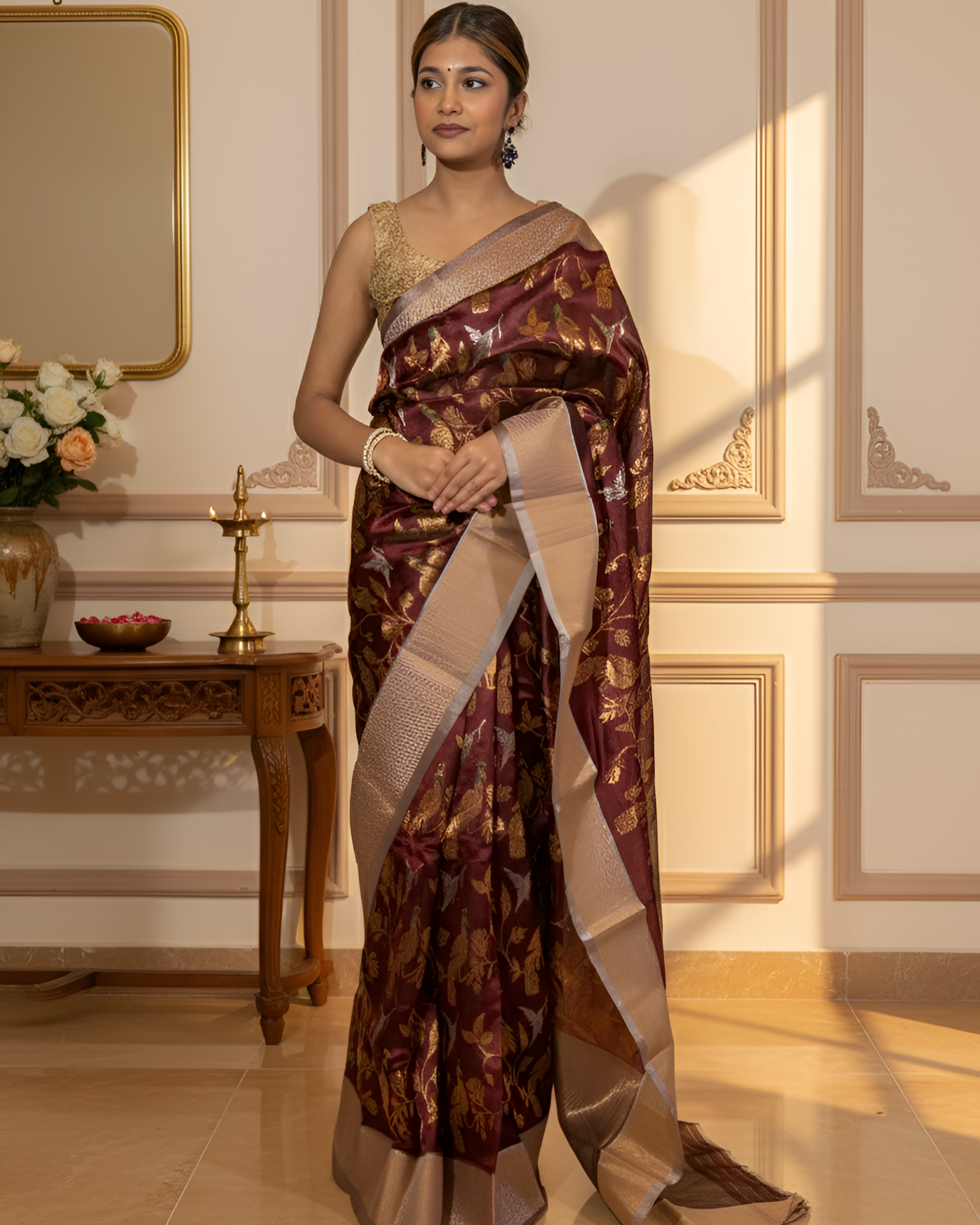 Coffee Maroon Chanderi Silk Saree with Peacock Jal Work With Blouse Piece