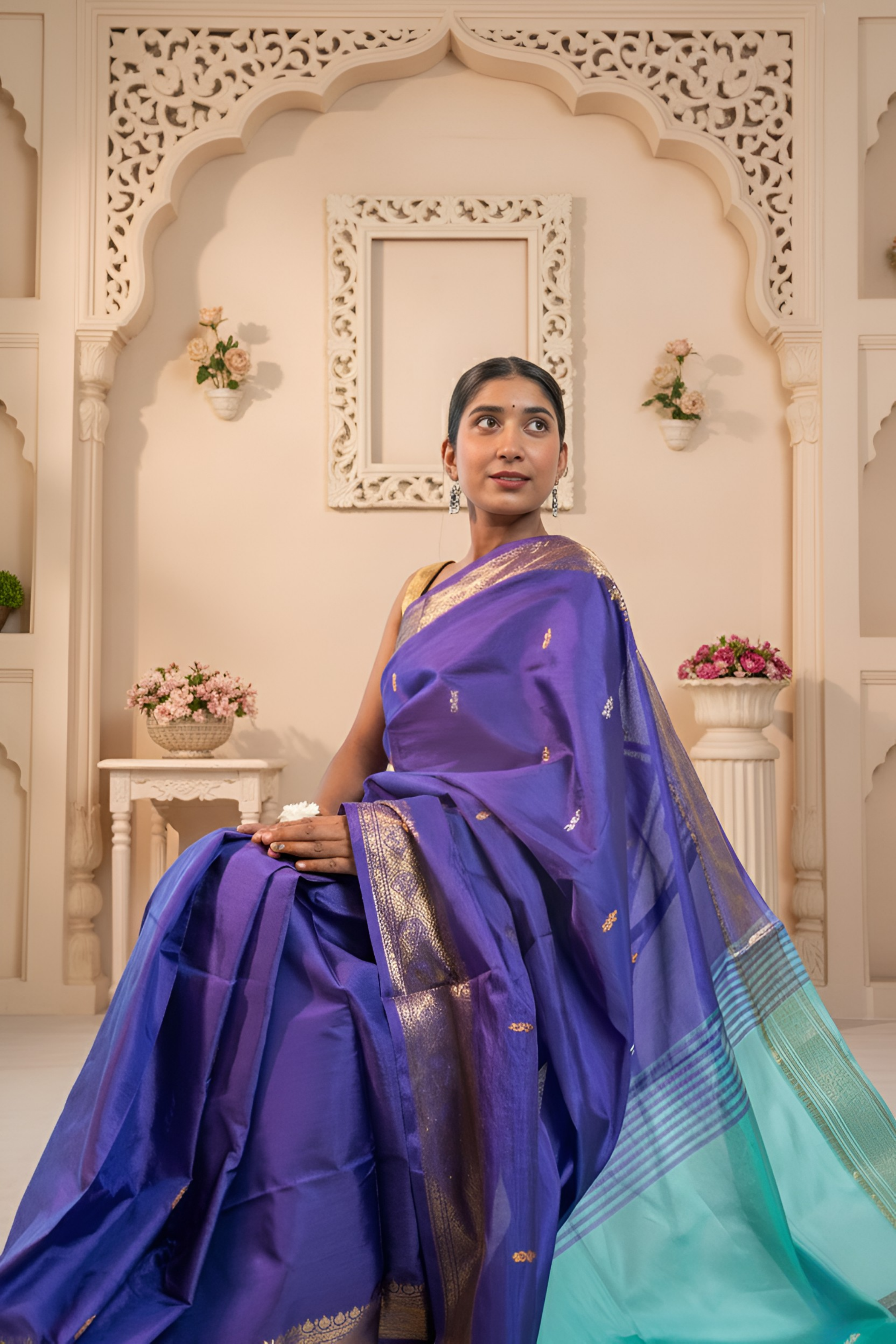 Purple Body & Sea Green Palla Banana Silk Saree with Zari With Blouse Piece