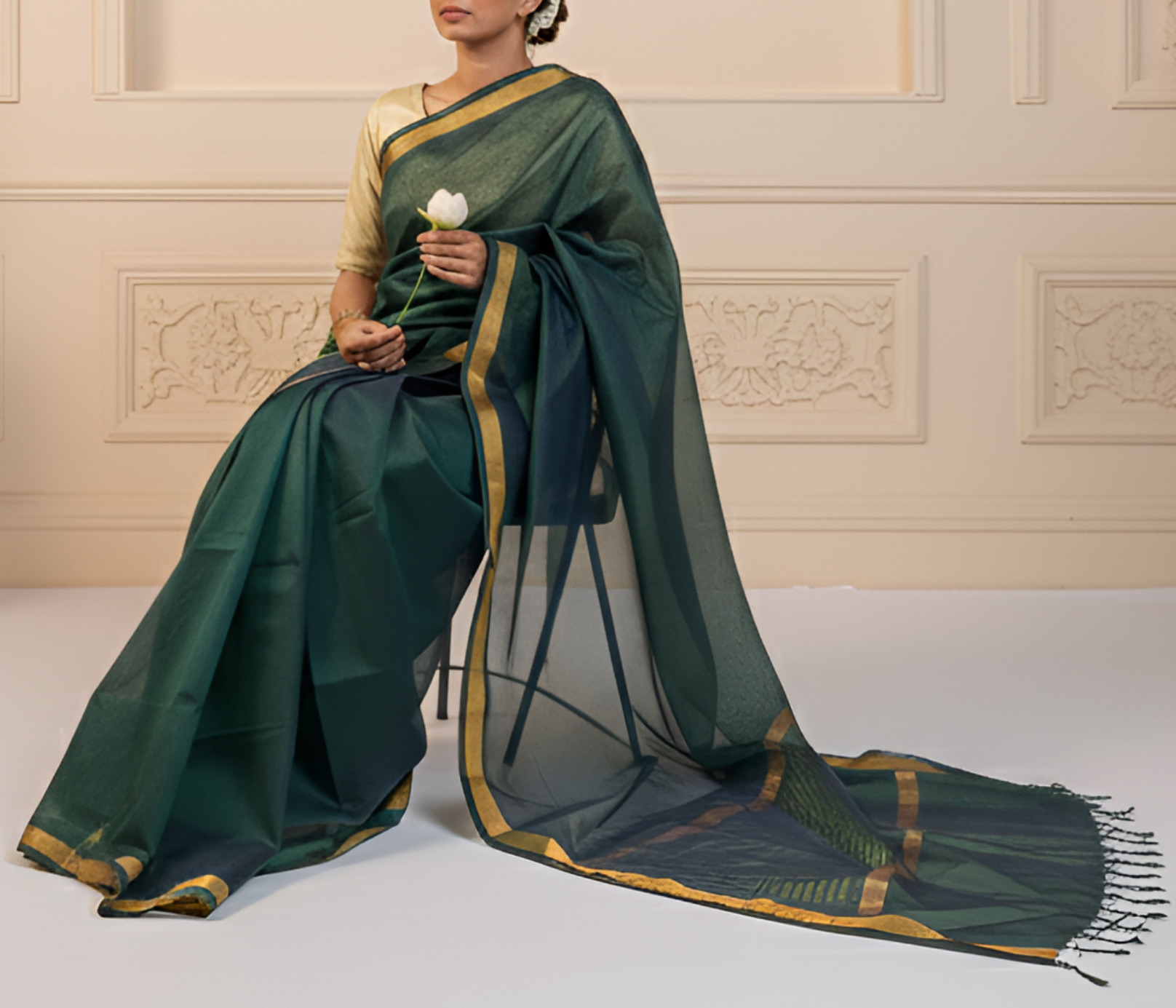 Verdant Green Plain Paturi Saree with Gold Zari Border With Blouse Piece