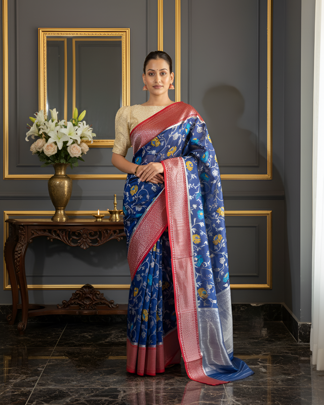 Blue & Red Border Chanderi Silk Saree with Jal Work With Blouse Piece