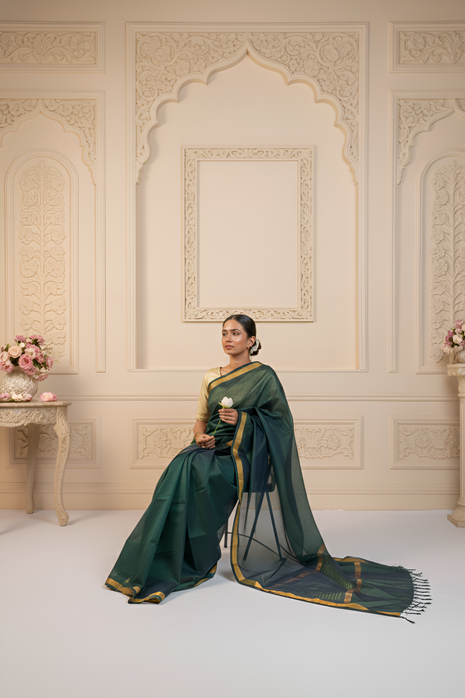 Verdant Green Plain Paturi Saree with Gold Zari Border With Blouse Piece
