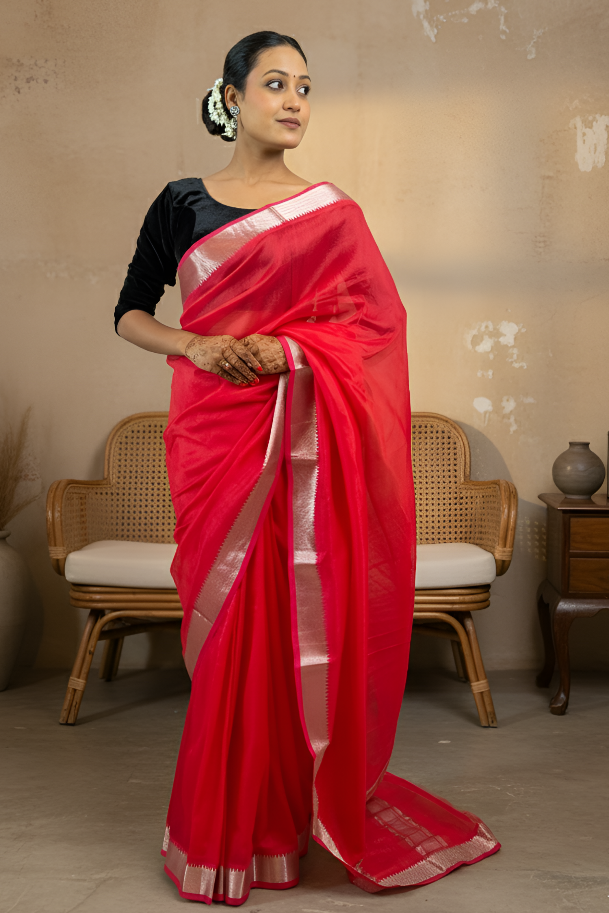Carrot Red Mangalgiri Pattu Saree With Blouse Piece With Blouse Piece