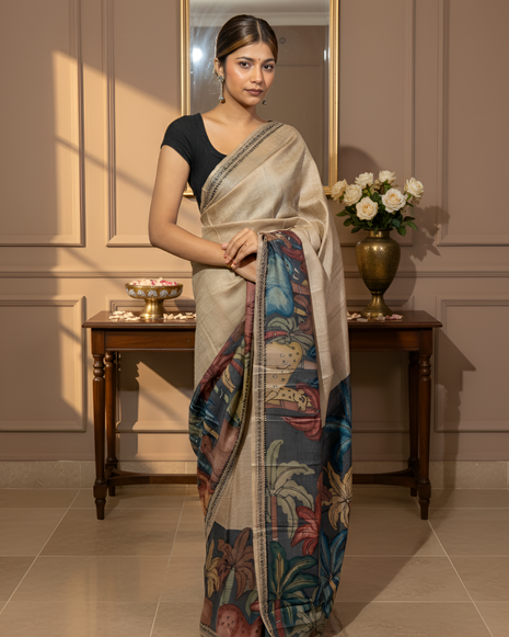 Black Base Kalamkari Border and Palla on Natural Tussar Silk Saree With Blouse Piece