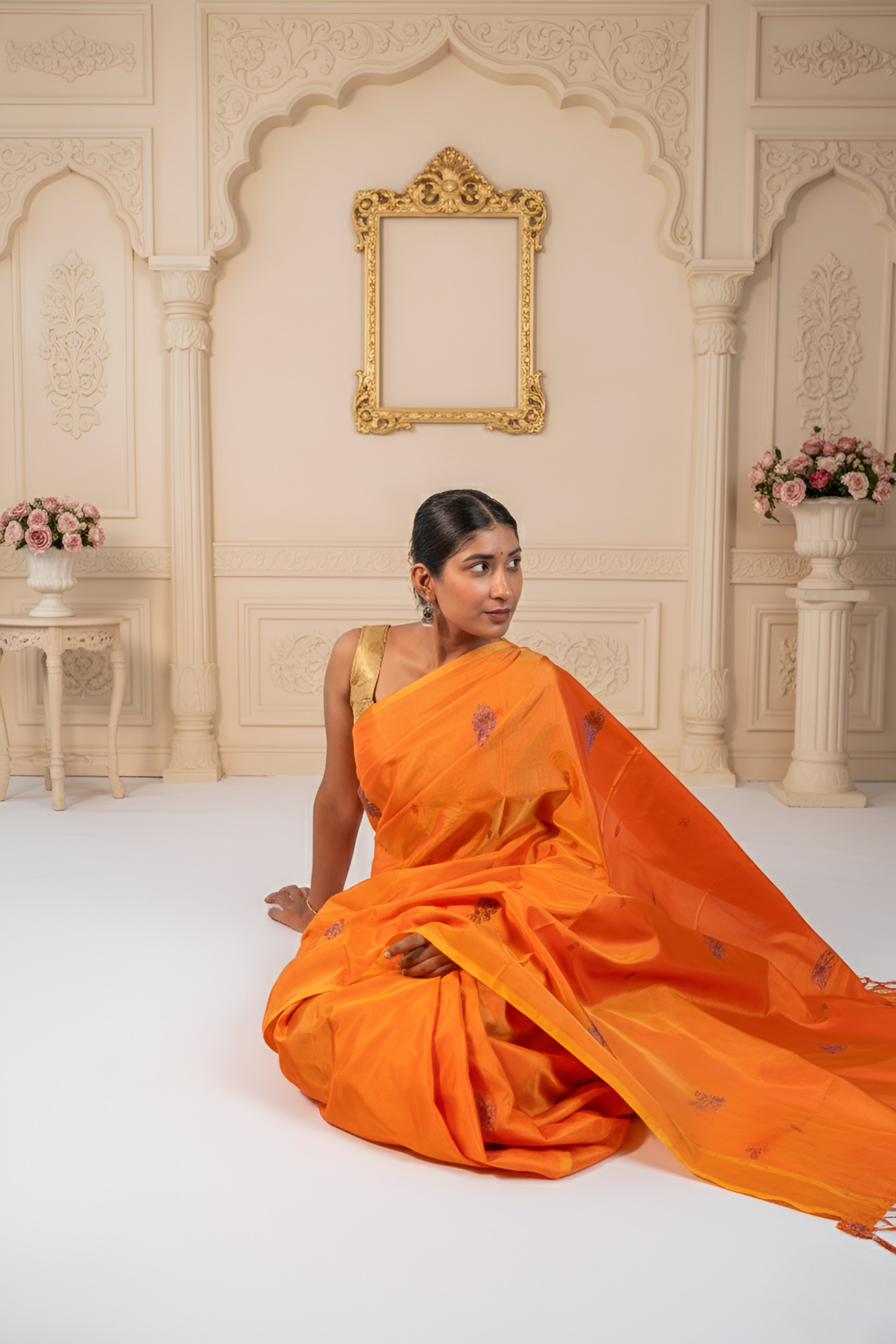 Perfect Orange Body & Sea Blue Palla Banana Silk Saree With Blouse Piece