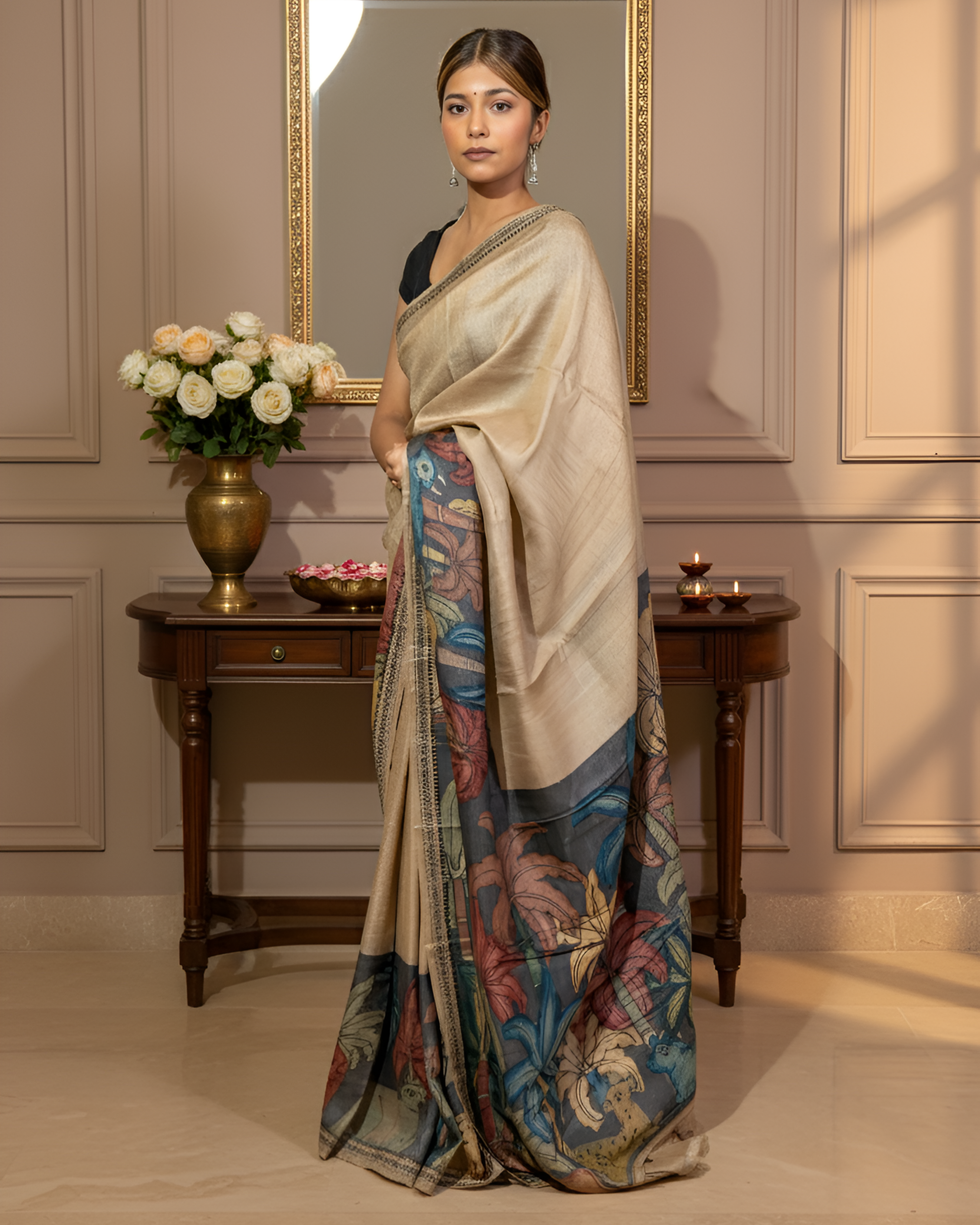 Black Base Kalamkari Border and Palla on Natural Tussar Silk Saree With Blouse Piece