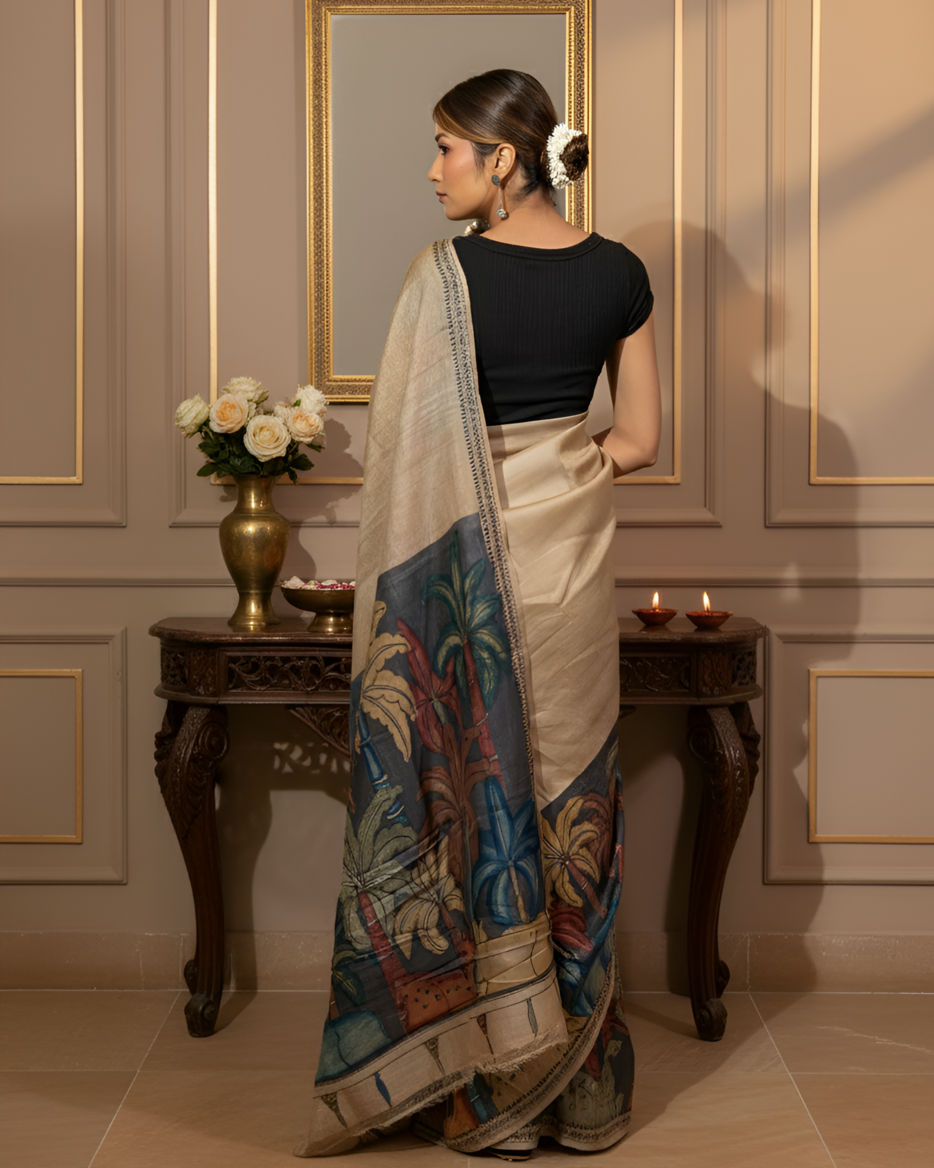 Black Base Kalamkari Border and Palla on Natural Tussar Silk Saree With Blouse Piece