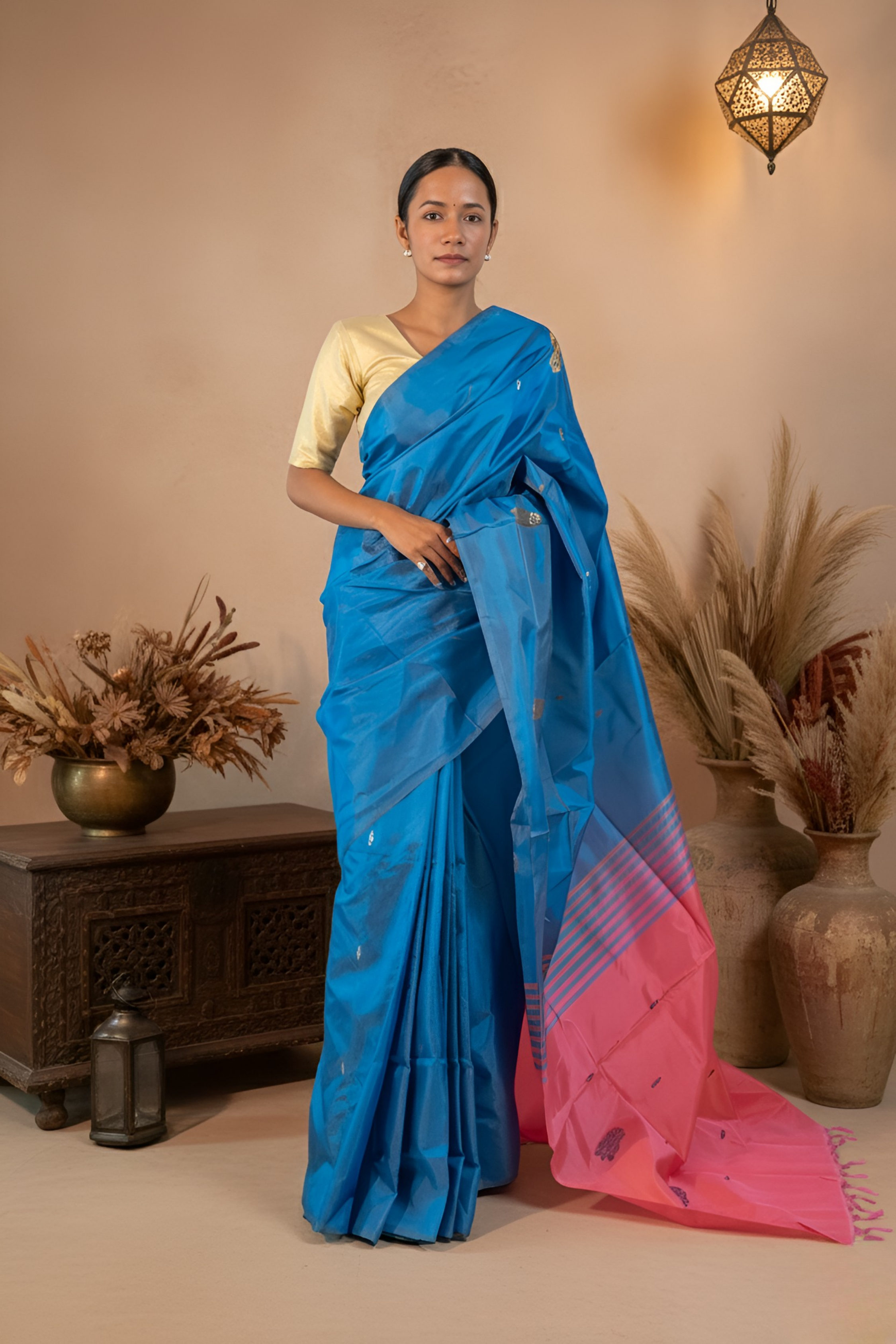 Blue gray body & peach Palla Banana Silk Saree With Blouse Piece