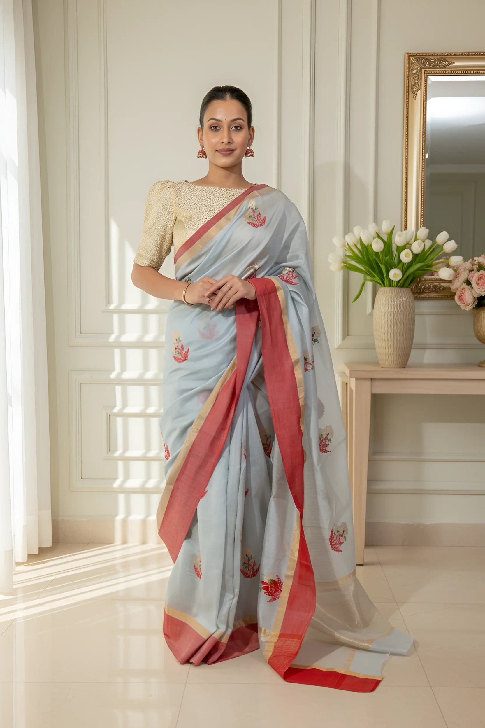 Ice Blue Grey with Red Border Chanderi Silk Cotton Saree With Blouse Piece