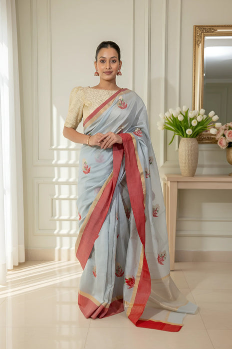 Ice Blue Grey with Red Border Chanderi Silk Cotton Saree With Blouse Piece