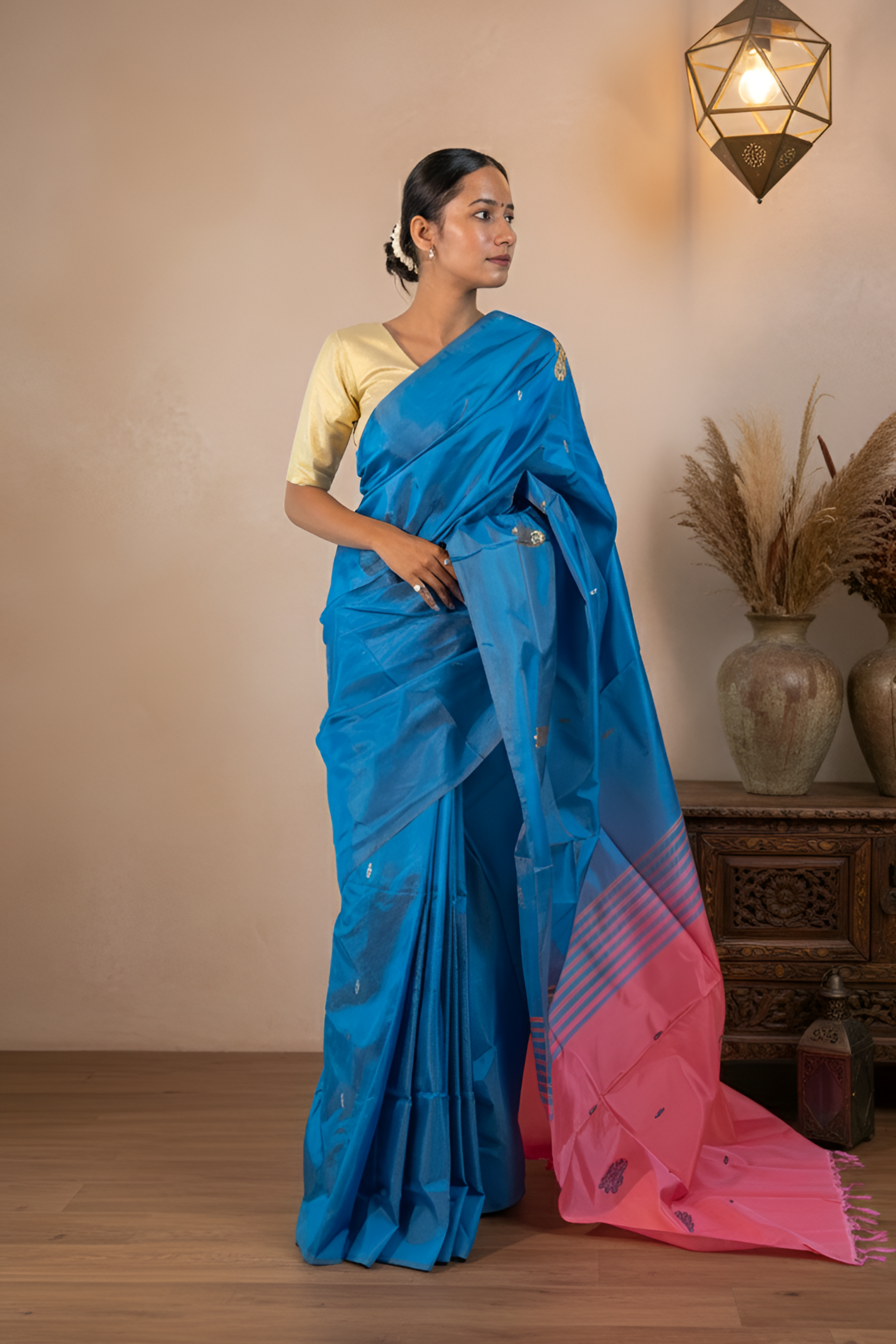 Blue gray body & peach Palla Banana Silk Saree With Blouse Piece