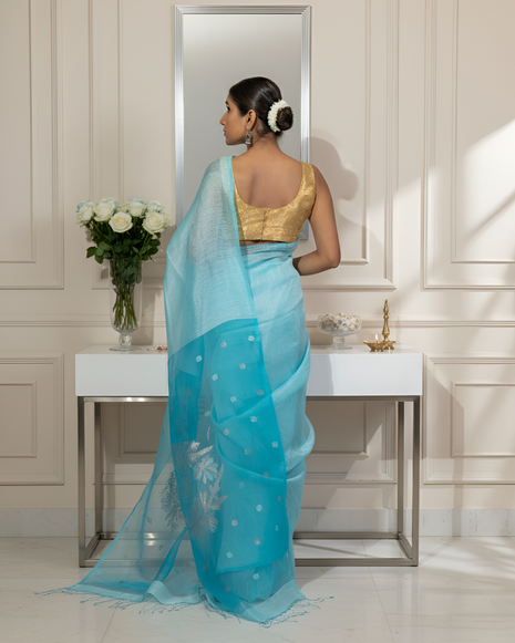 Sky Blue Colour Silk Linen Saree with Organza Jamdani Palla With Blouse Piece