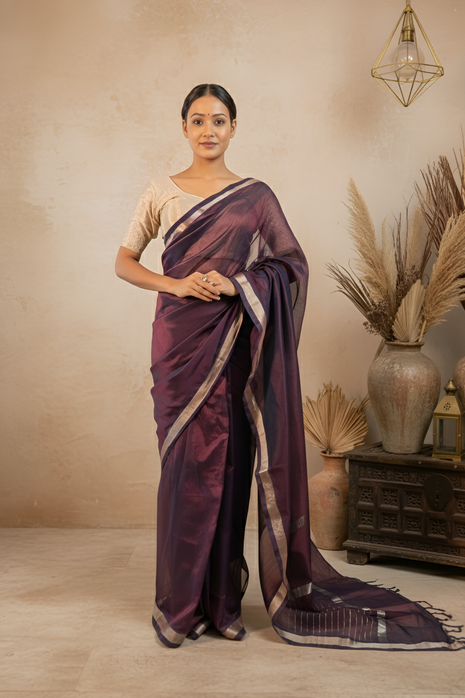 Wine Color Plain Paturi Silk Saree with Silver Zari Border With Blouse Piece