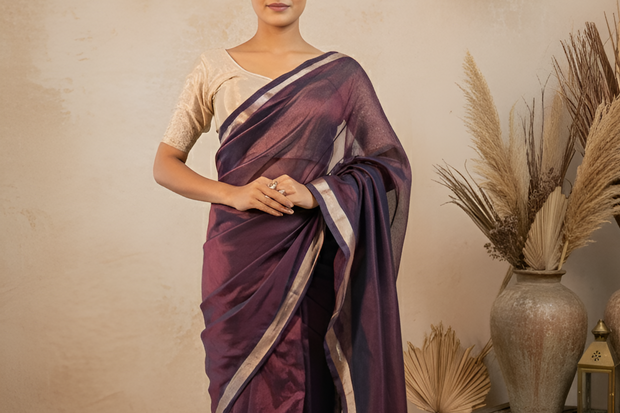 Wine Color Plain Paturi Silk with Silver Zari Border