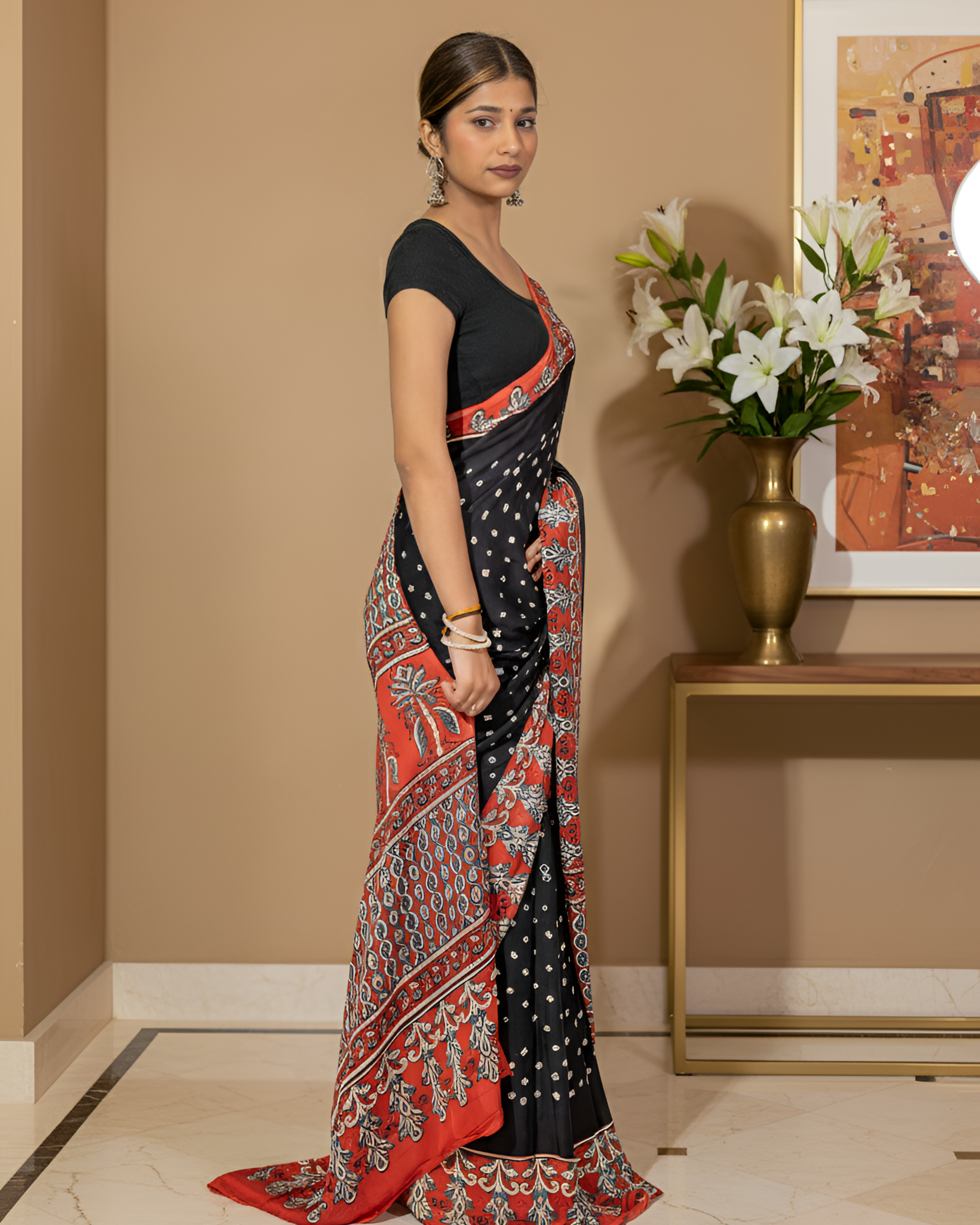 Red & Blue Modal Silk Saree With Blouse Piece