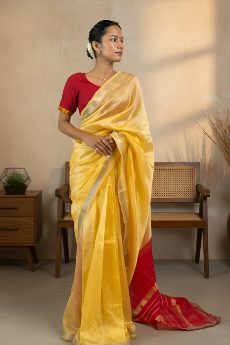 Cream Body Red Palla Mangalgiri Pattu Saree With Blouse Piece