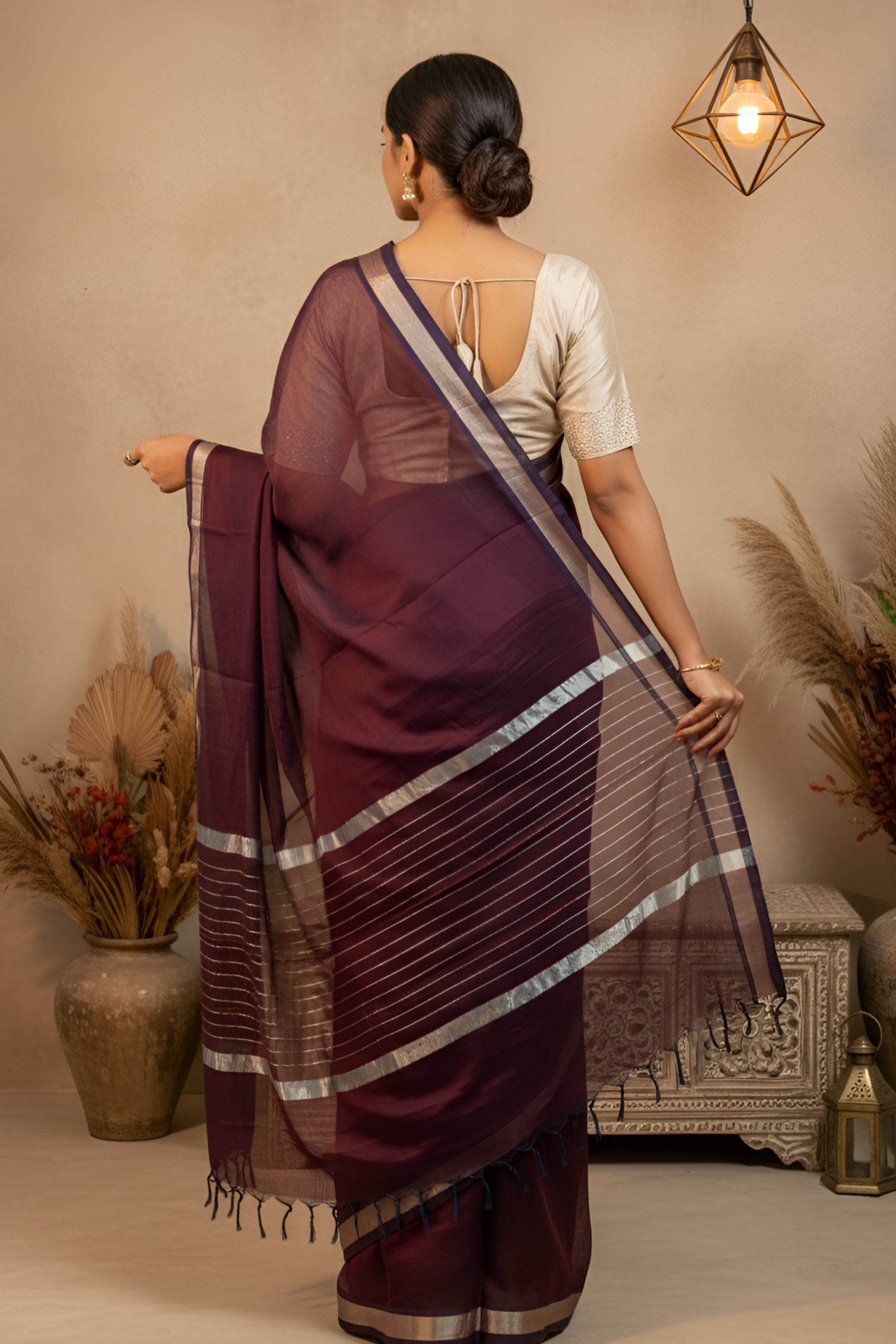 Wine Color Plain Paturi Silk Saree with Silver Zari Border With Blouse Piece