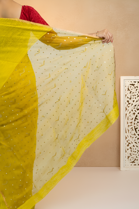 Bright Lemon Yellow Body With Sequence Embroidered, Organza Pallu Saree With Blouse Piece (With Golden Stripes)