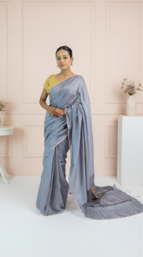 Plain Gray Body with  Sequenced Embroidered, Organza Pallu Saree With Blouse Piece (Golden Stripes)