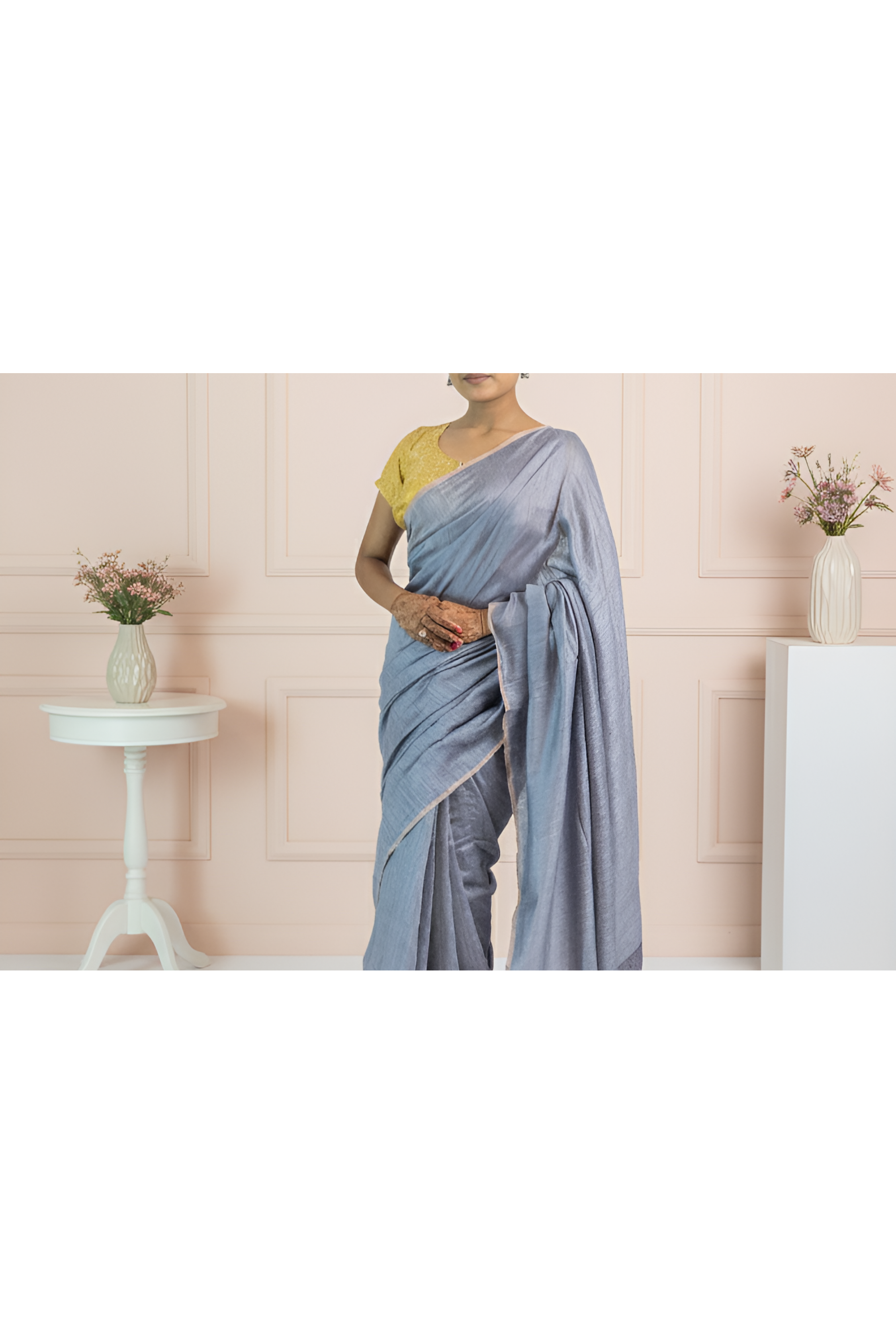 Plain Gray Body with  Sequenced Embroidered, Organza Pallu Saree With Blouse Piece (Golden Stripes)