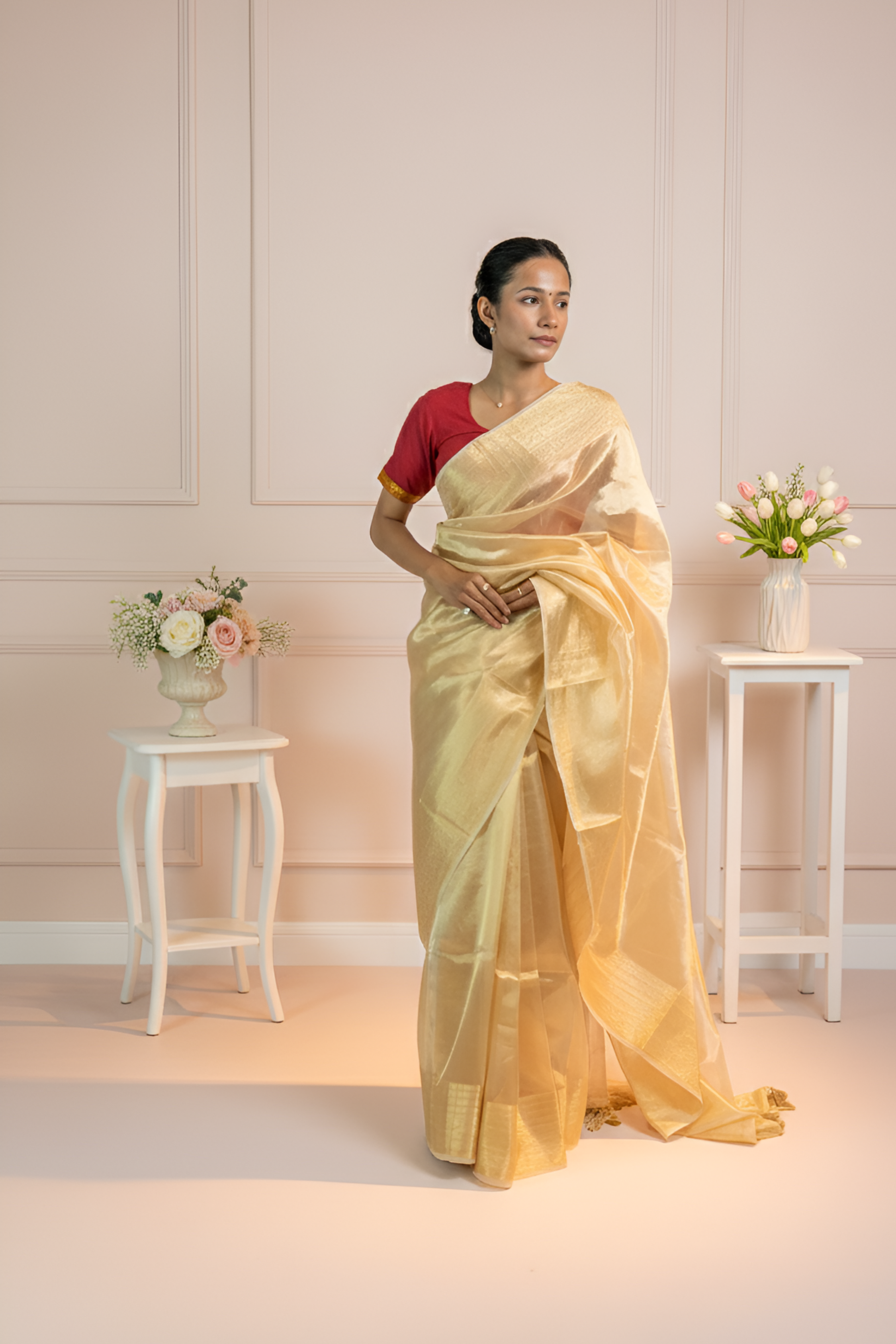 Golden Tissue Organza Silk Saree with  Brocade Border With Blouse Piece