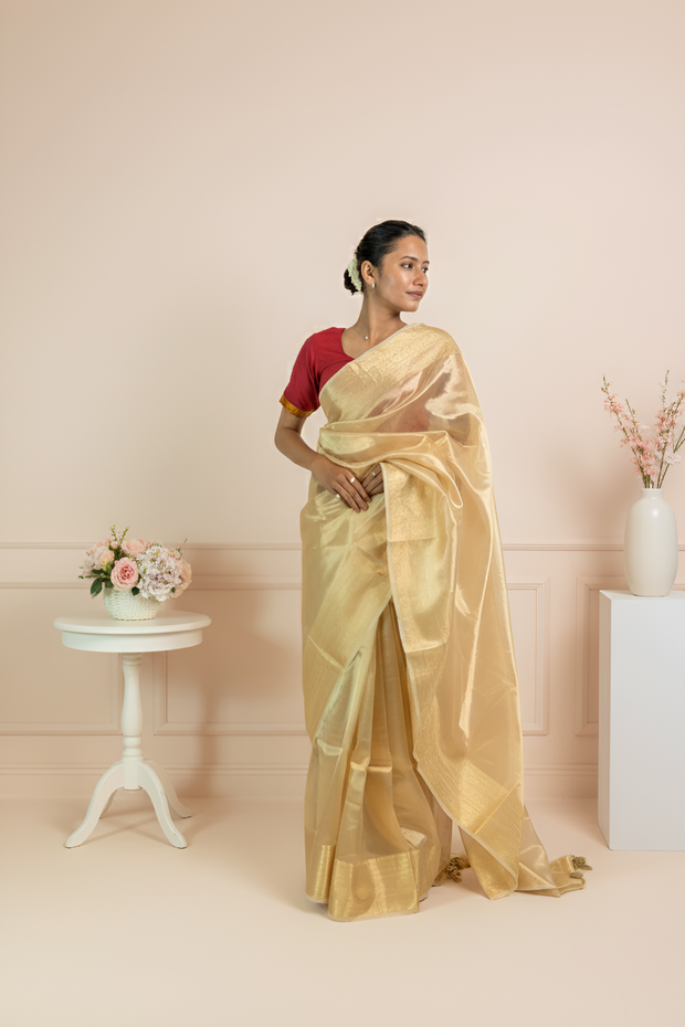 Golden Tissue Organza Silk Saree with  Brocade Border