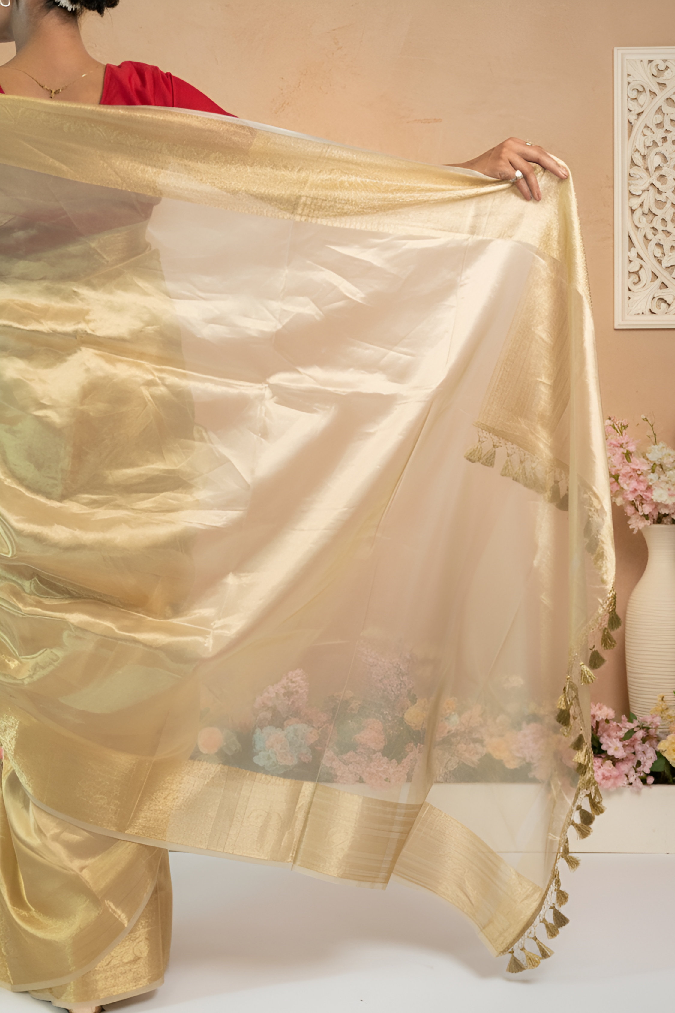 Golden Tissue Organza Silk Saree with  Brocade Border With Blouse Piece