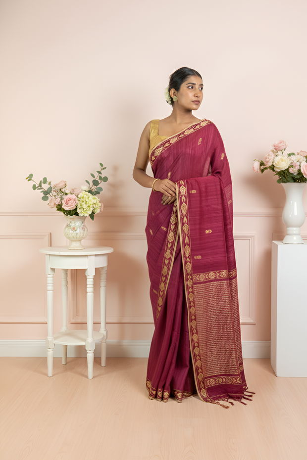 Maroon Matka Silk, Light Yellow Thread Work