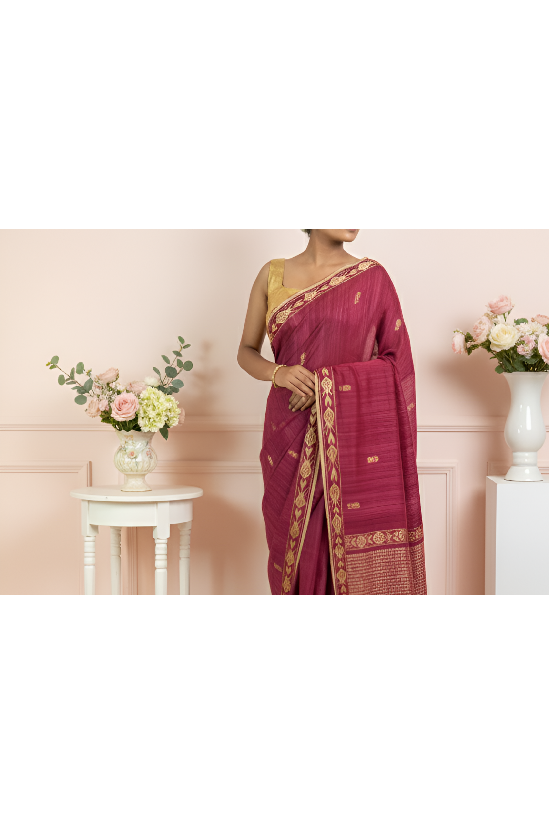 Maroon Matka Silk Saree, Light Yellow Thread Work With Blouse Piece