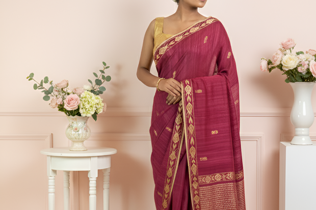 Maroon Matka Silk, Light Yellow Thread Work