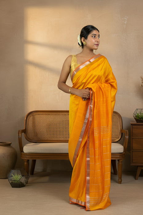 Gamboge Yellow Mangalgiri Pattu Saree With Blouse Piece