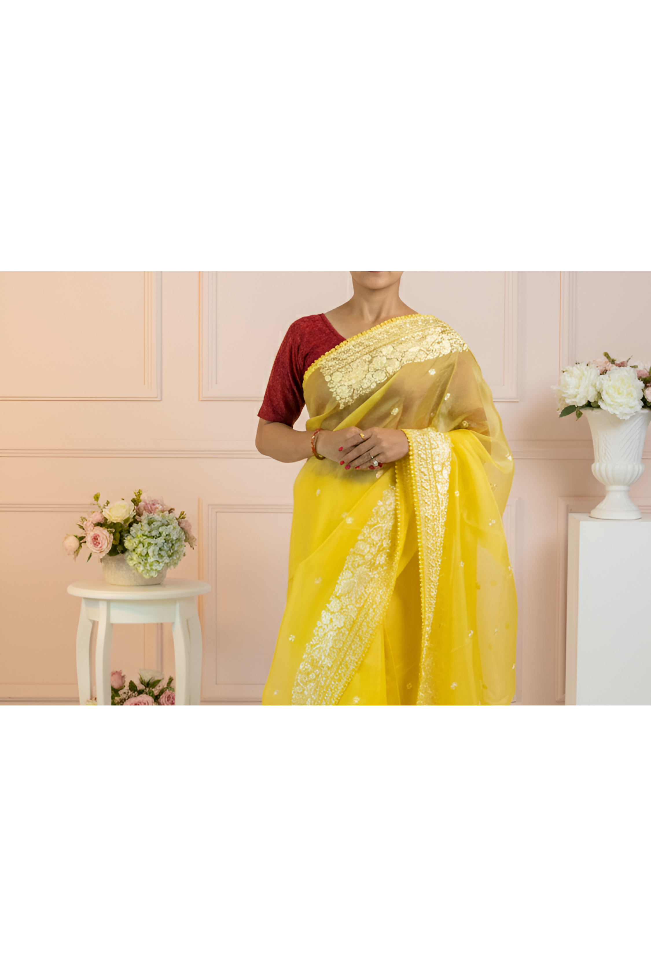 Bright Lemon Yellow, Parsi Gara Embroidered, Organza Silk Saree With Blouse Piece