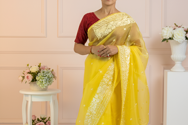 Bright Lemon Yellow, Parsi Gara Embroidered, Organza Silk saree