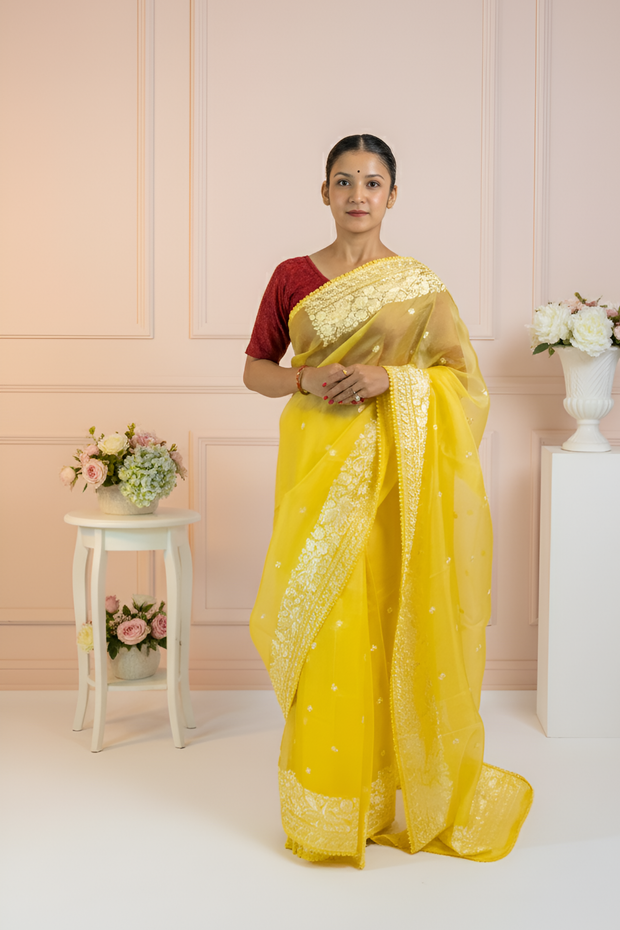 Bright Lemon Yellow, Parsi Gara Embroidered, Organza Silk saree