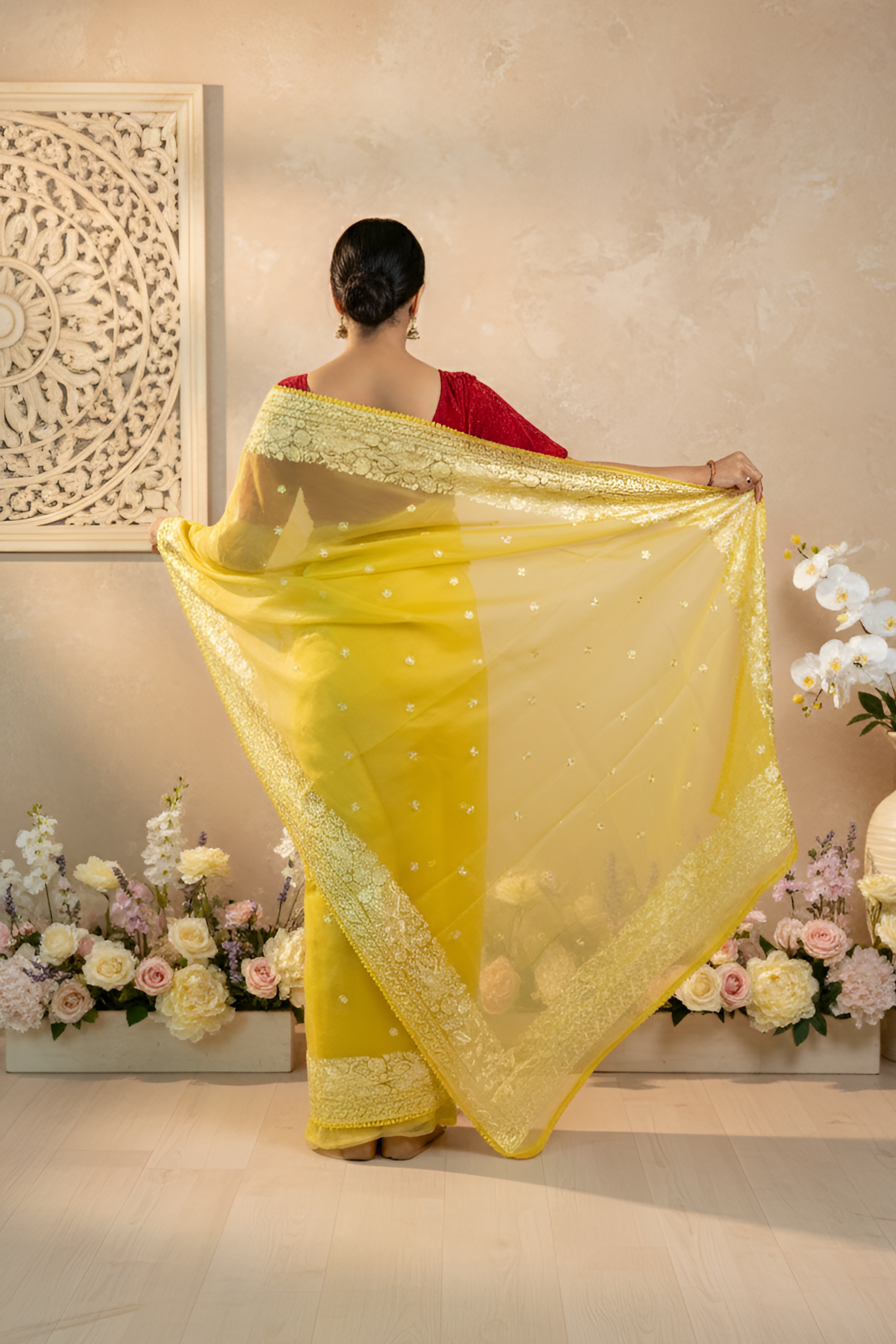 Bright Lemon Yellow, Parsi Gara Embroidered, Organza Silk Saree With Blouse Piece