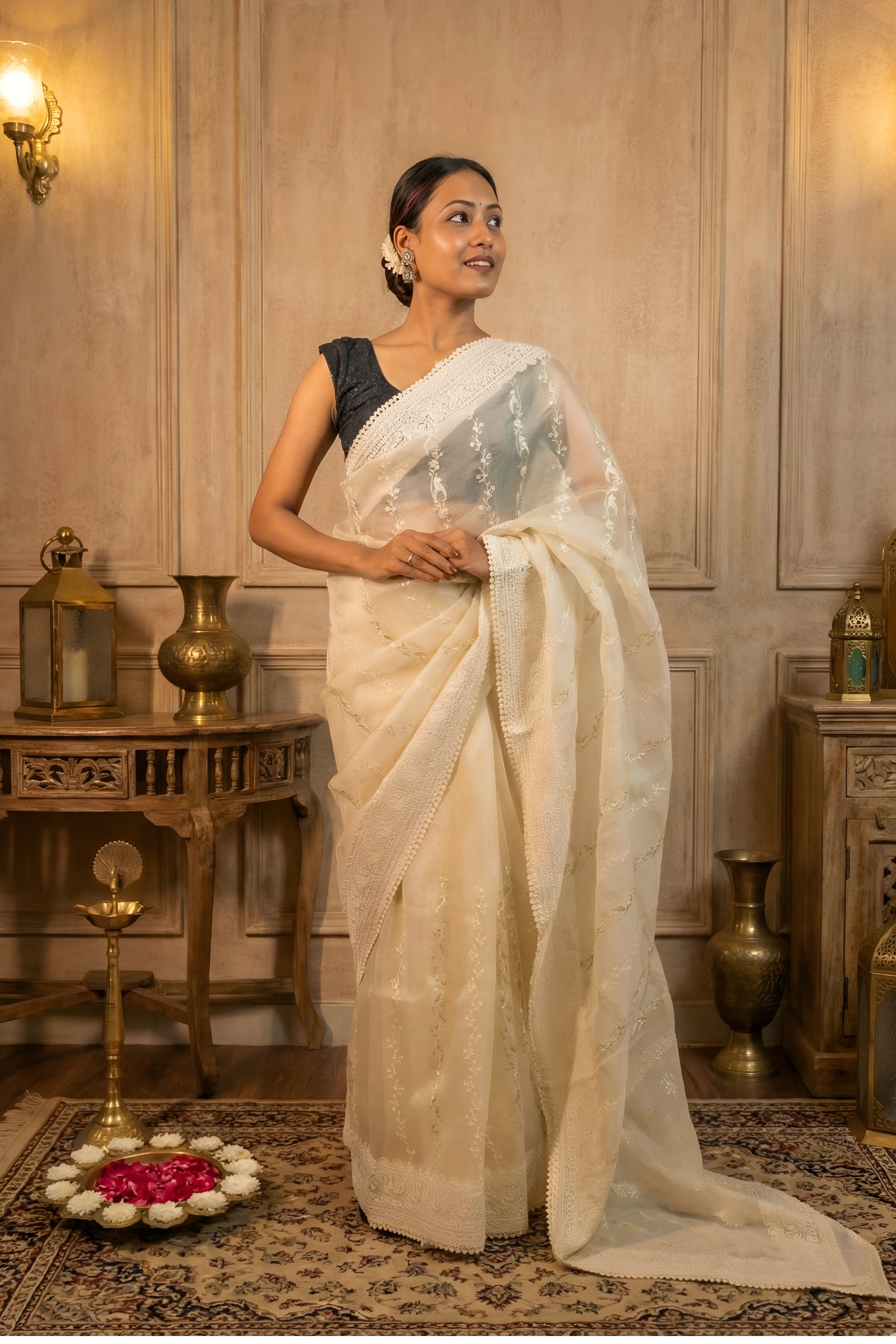 Delicate Cream Organza Saree, Embroidered with White And Silver Thread, Lace Border With Blouse Piece