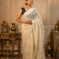 Delicate Cream Organza, Embroidered with White And Silver Thread, Lace Border