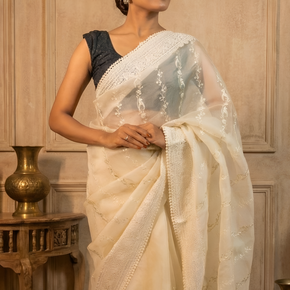 Delicate Cream Organza, Embroidered with White And Silver Thread, Lace Border