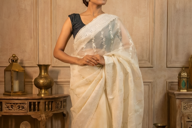 Delicate Cream Organza, Embroidered with White And Silver Thread, Lace Border