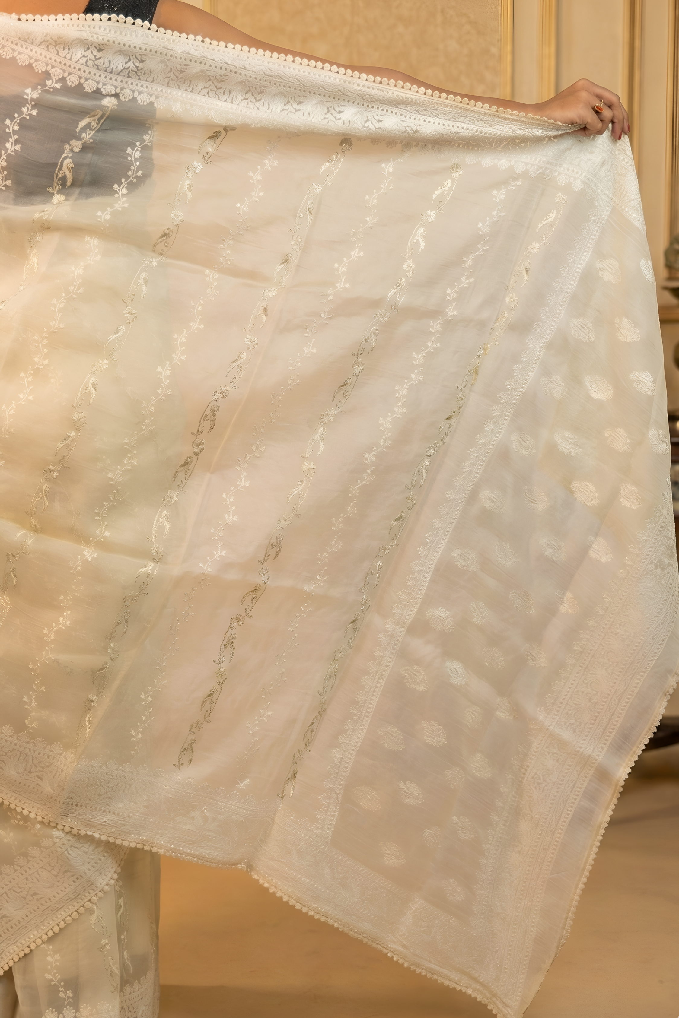 Delicate Cream Organza Saree, Embroidered with White And Silver Thread, Lace Border With Blouse Piece