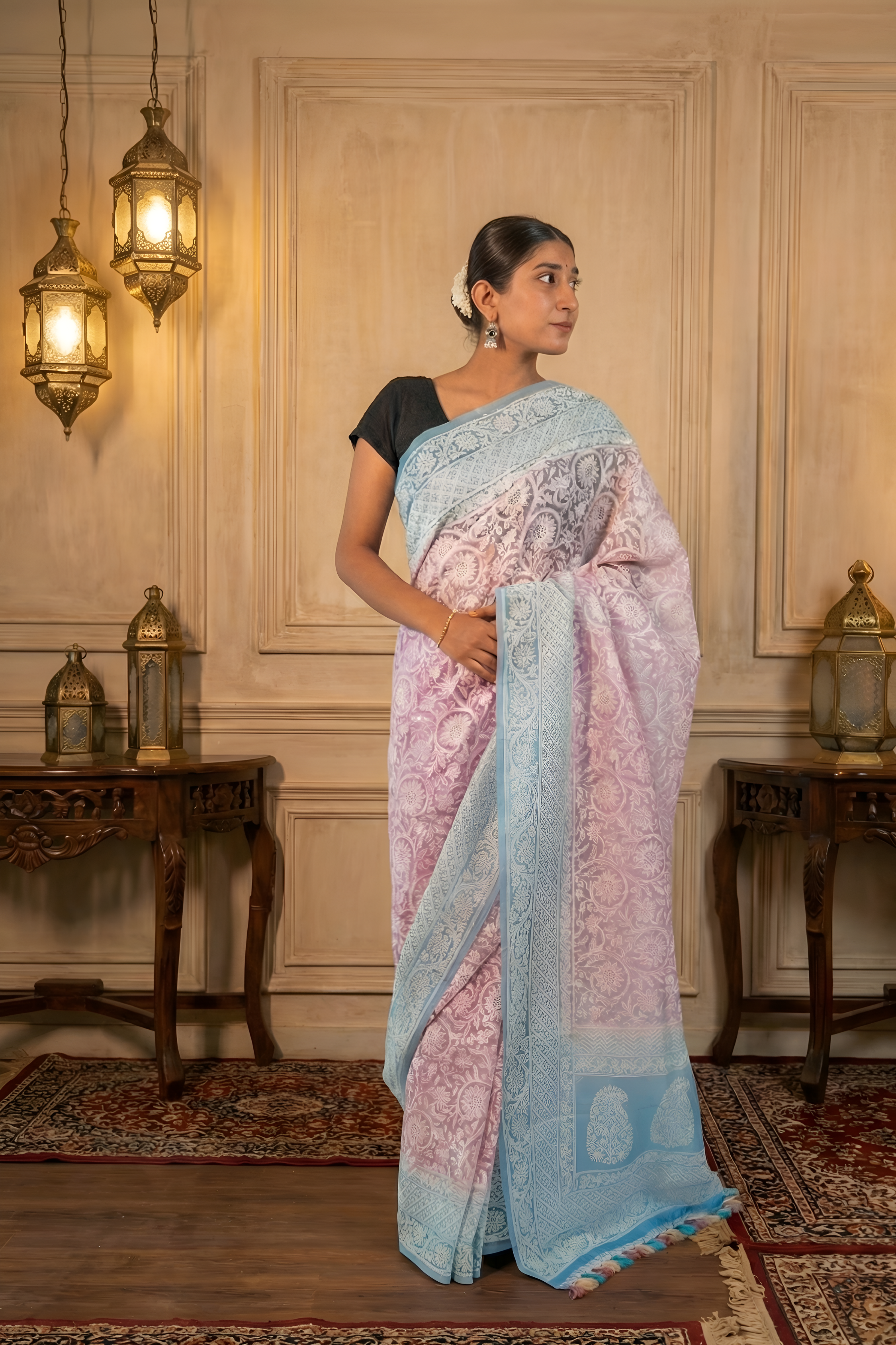 Pastel Pink & Blue Chikankari Pure Organza Saree With Blouse Piece