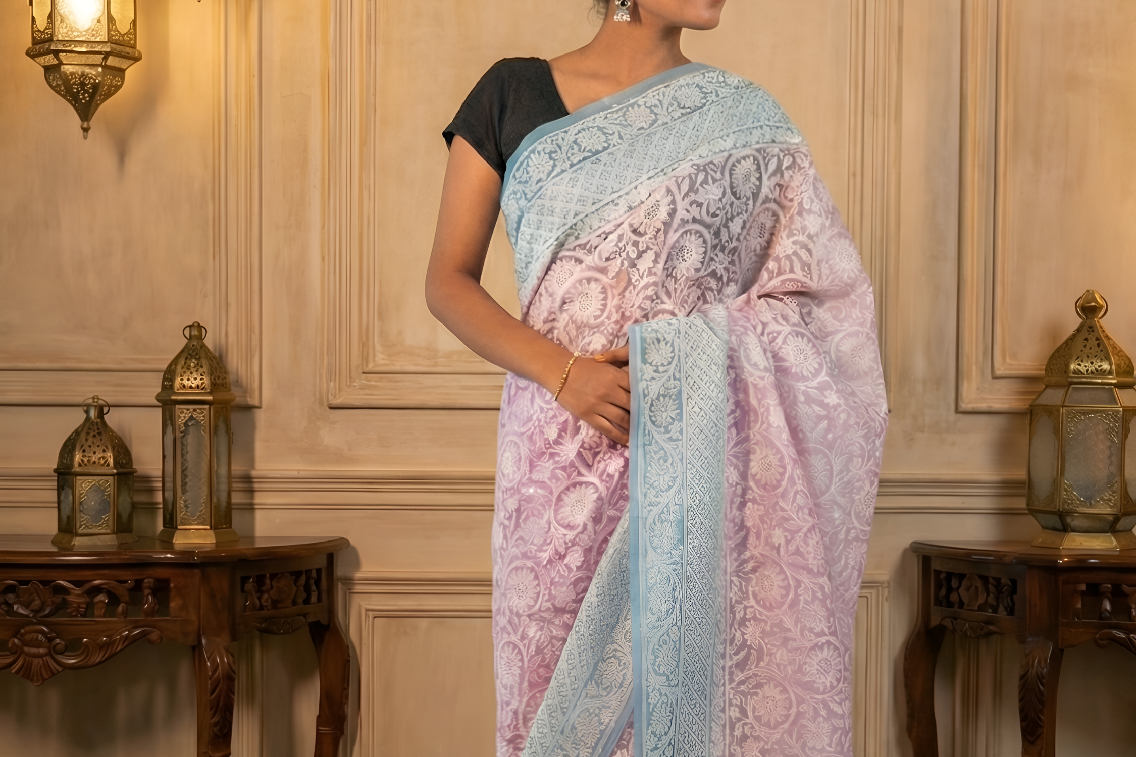 Pastel Pink & Blue Chikankari Pure Organza Saree With Blouse Piece