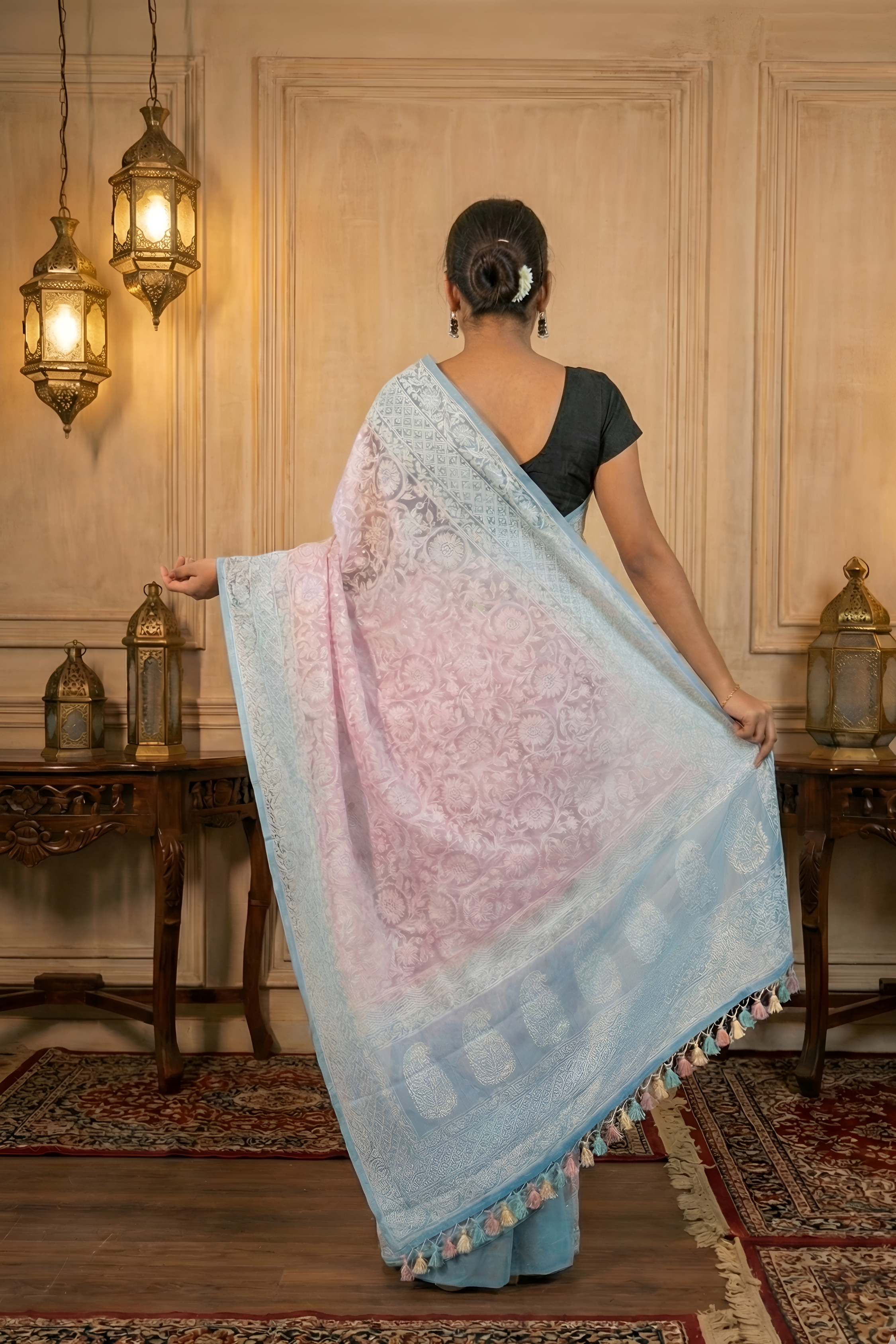 Pastel Pink & Blue Chikankari Pure Organza Saree With Blouse Piece