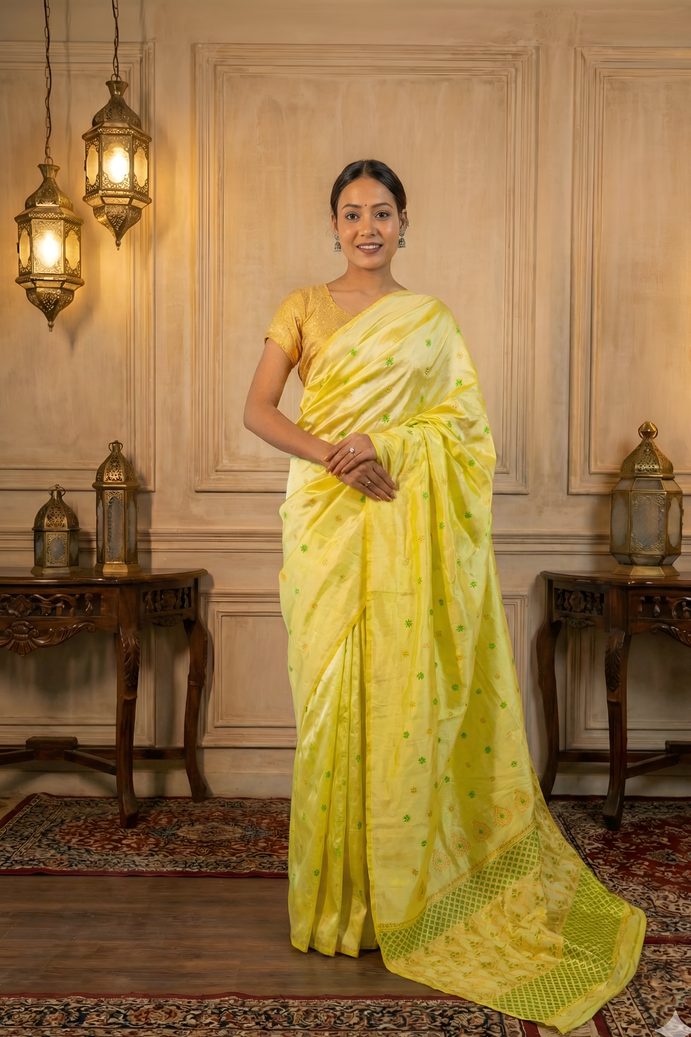 Light Lemon Yellow Assam Silk Saree with Forest Green and Golden Zari Work With Blouse Piece