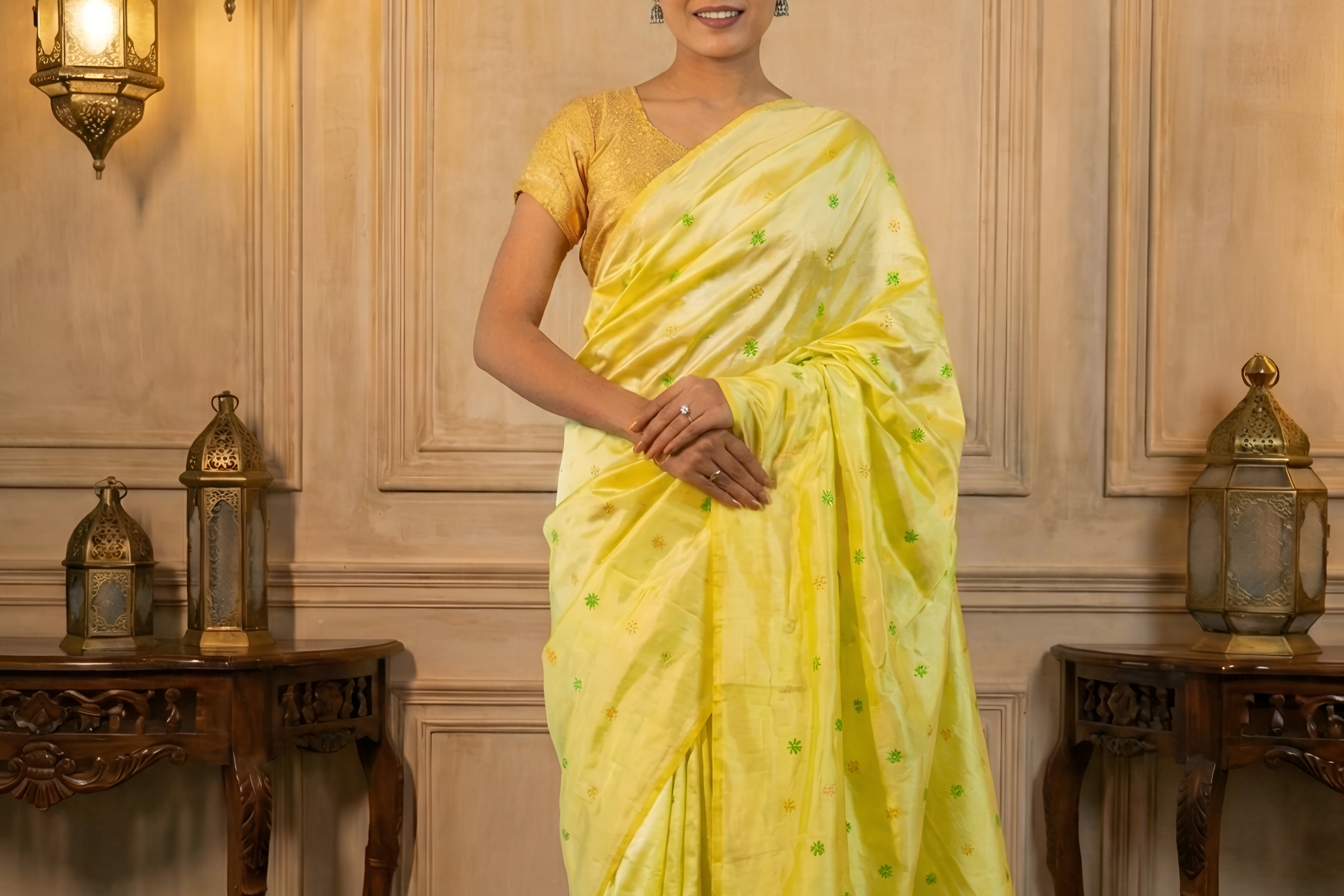 Light Lemon Yellow Assam Silk Saree with Forest Green and Golden Zari Work With Blouse Piece