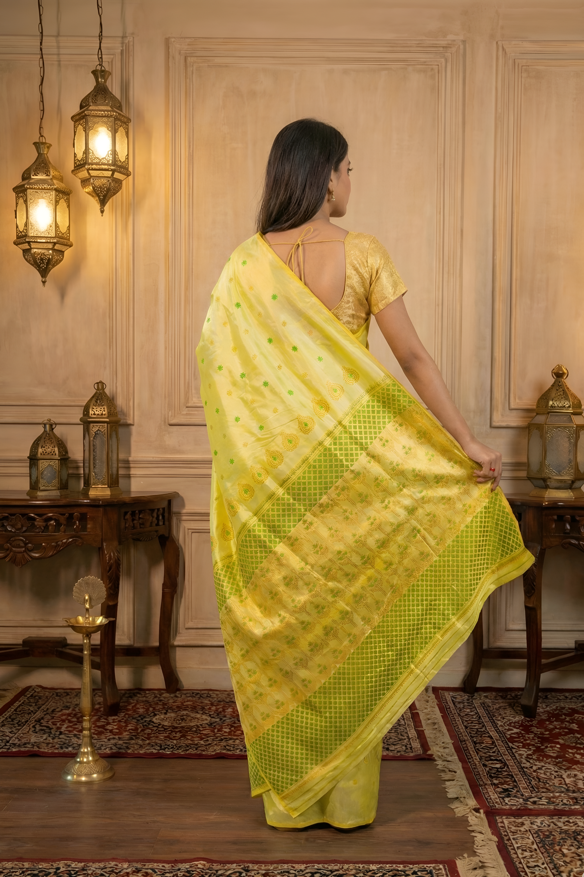 Light Lemon Yellow Assam Silk Saree with Forest Green and Golden Zari Work With Blouse Piece