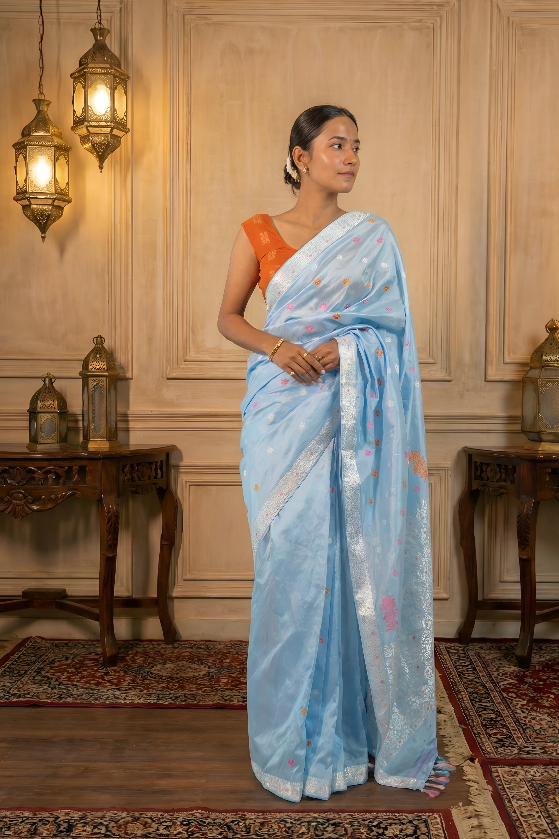 Soft Pastel Blue Assam Silk Saree with Orange and White Flowers and Creepers With Blouse Piece