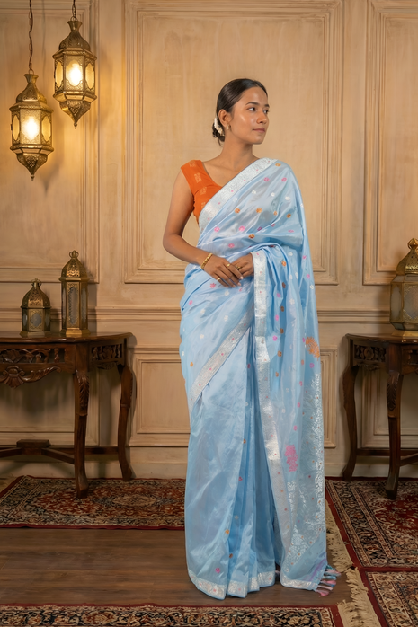 Soft Pastel Blue Assam Silk Saree with Orange and White Flowers and Creepers With Blouse Piece