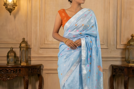 Soft Pastel Blue Assam Silk Saree with Orange and White Flowers and Creepers With Blouse Piece