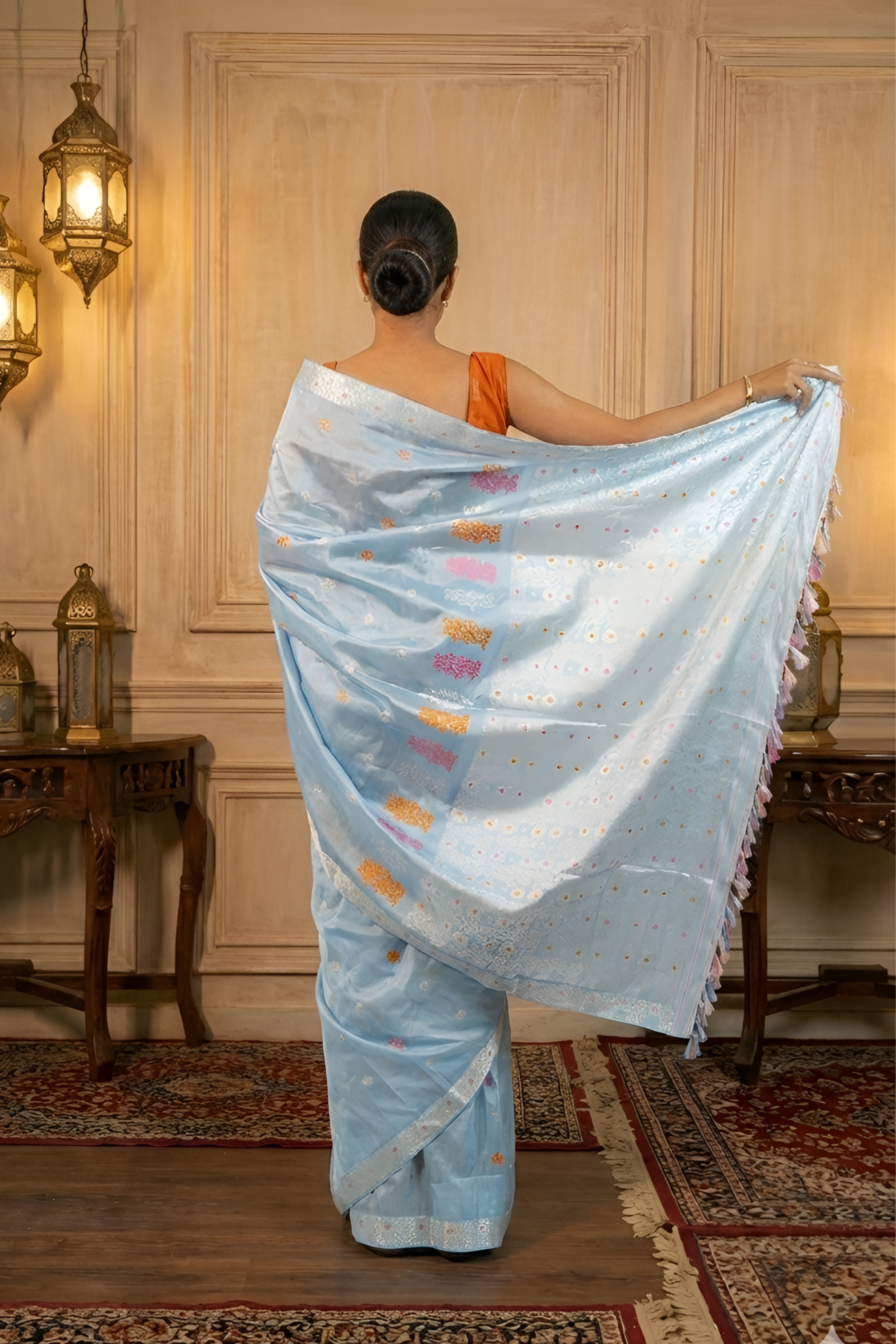 Soft Pastel Blue Assam Silk Saree with Orange and White Flowers and Creepers With Blouse Piece