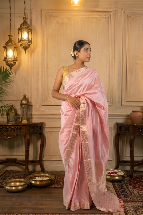 Light Baby Pink Assam Silk Saree with Heavy Gold Work With Blouse Piece